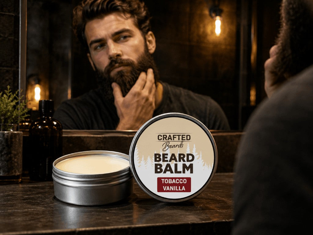 Man grooming his beard with Crafted Beard Balm