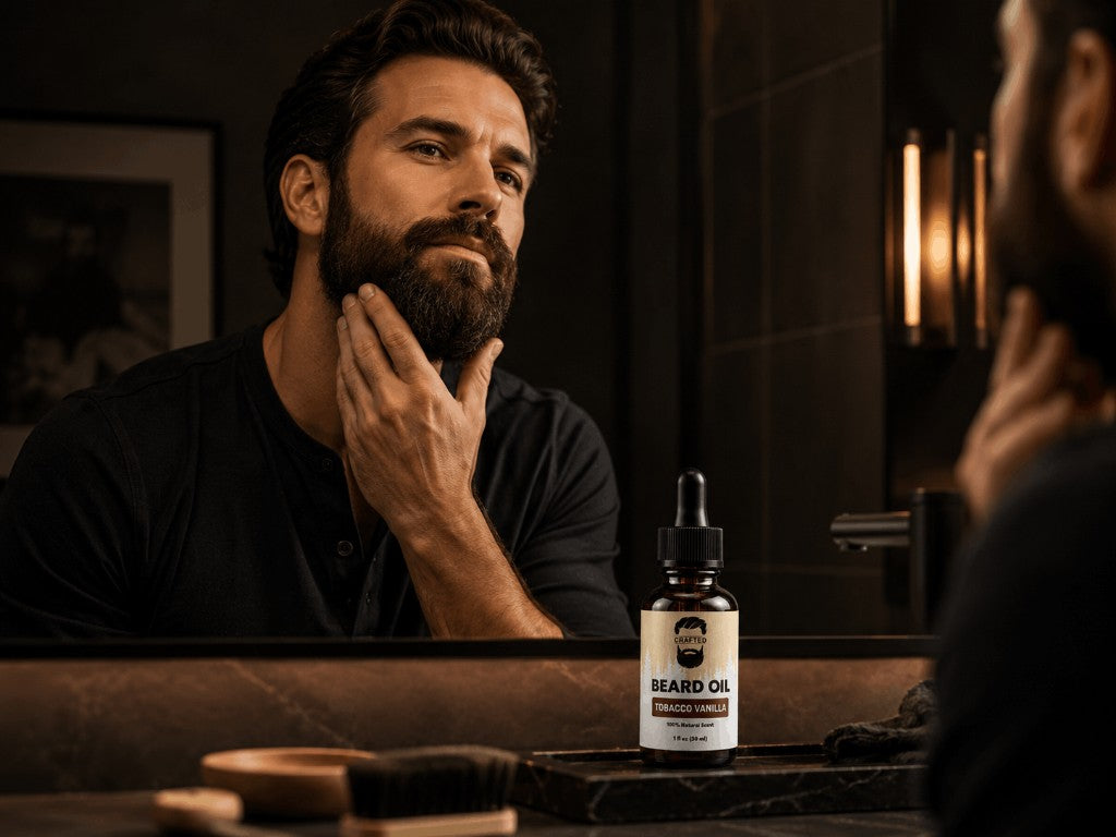Man grooming with Crafted Beard Oil and Beard Balm