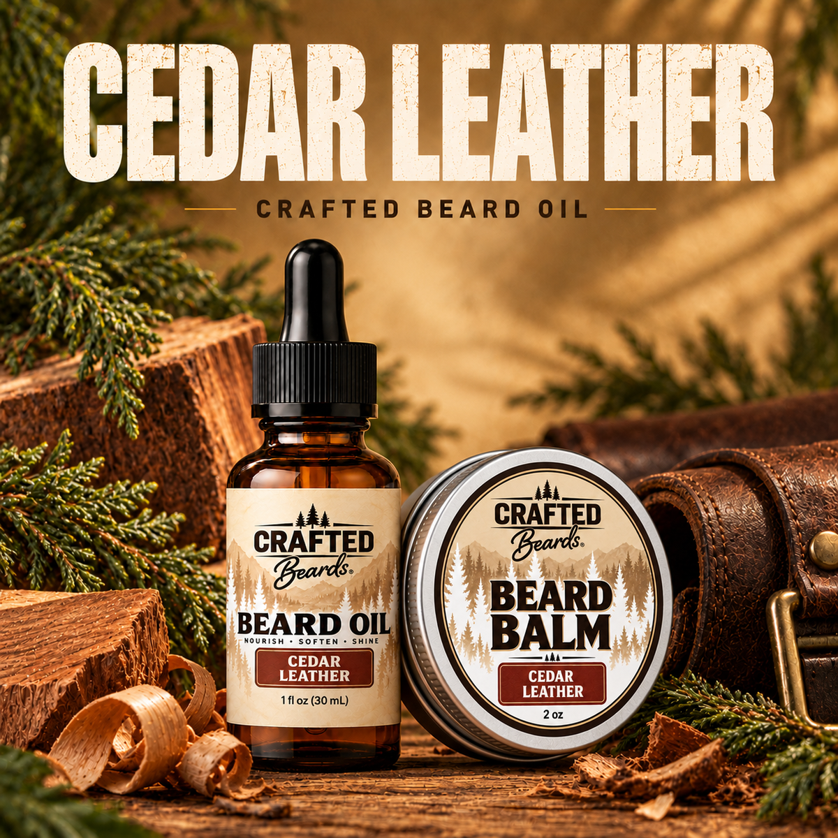 Crafted Beard Oil and Balm set in Cedar Leather for softness and light hold