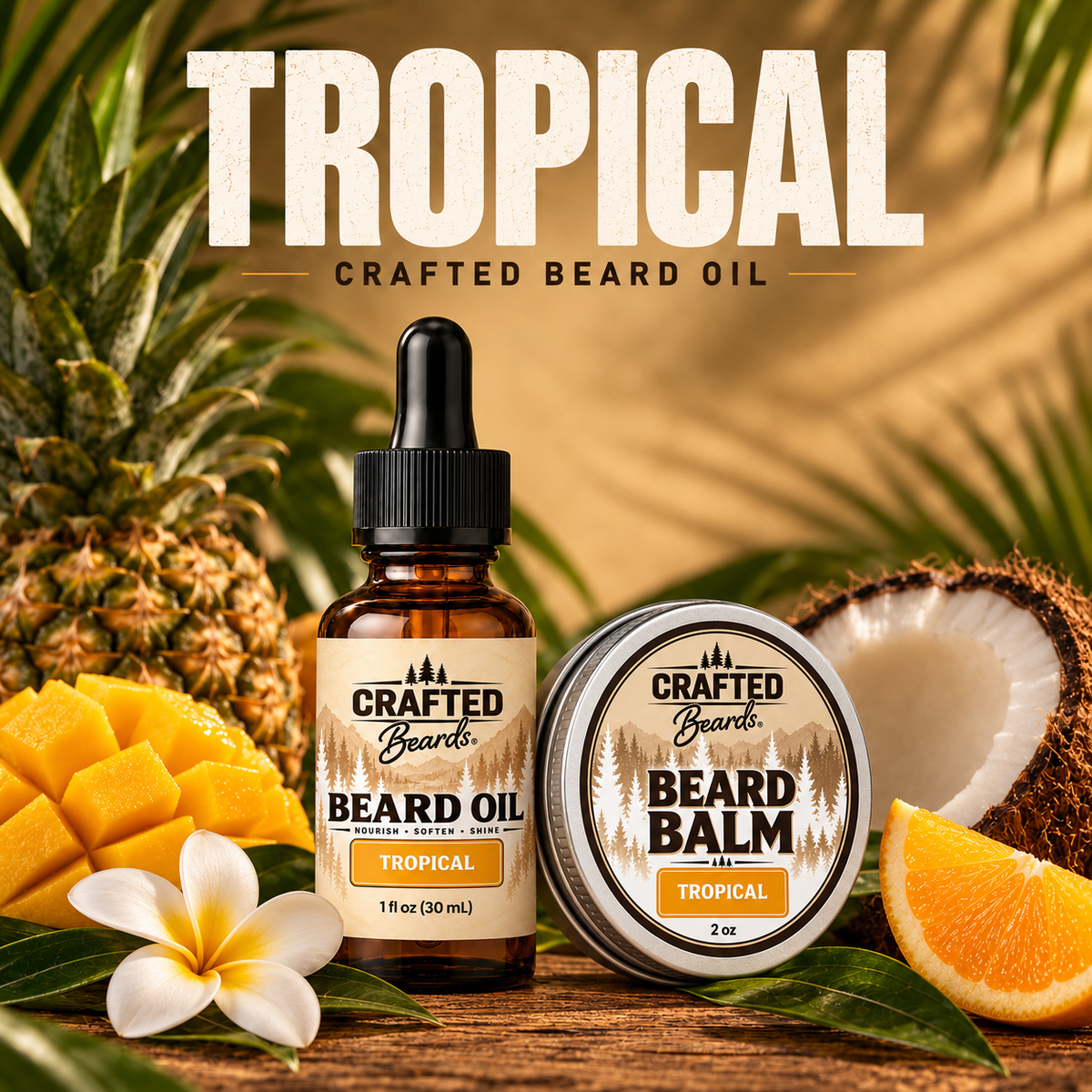 Tropical Crafted Beards beard oil and beard balm, a matched pair for a beard set gift