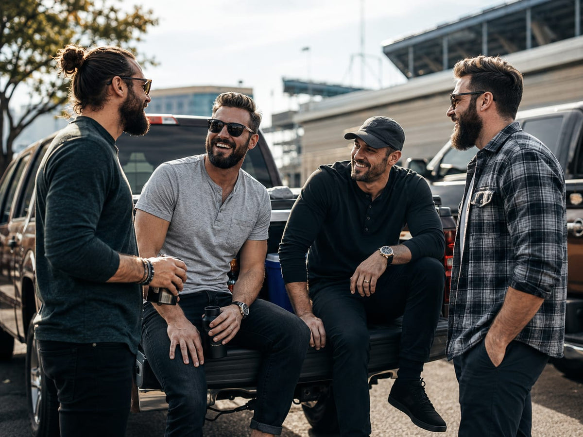 Four bearded men talking beside a pickup truck