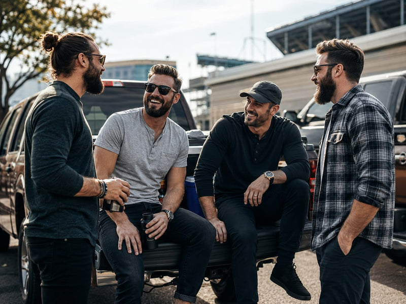 Four bearded men talking beside a pickup truck