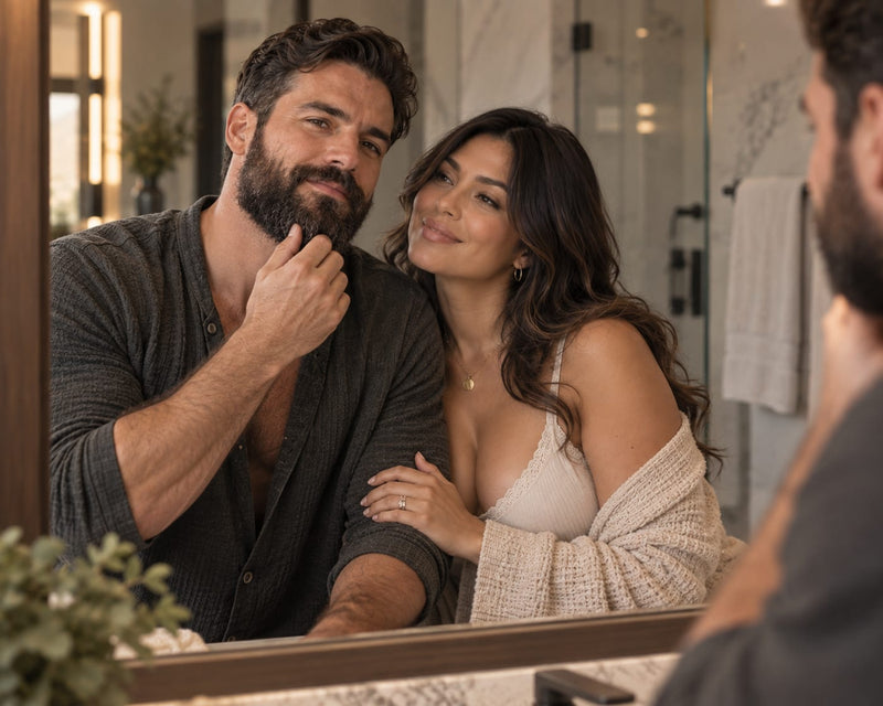 Man with a full dark beard checking his jawline in a bathroom mirror