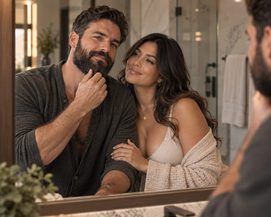 Man with a full dark beard checking his jawline in a bathroom mirror