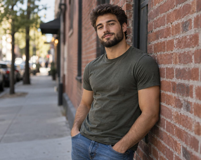 Man with a short beard leaning against a brick wall on a city sidewalk