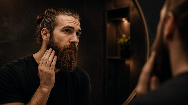 Man warming a small dose of beard oil in his palms in a bathroom before applying