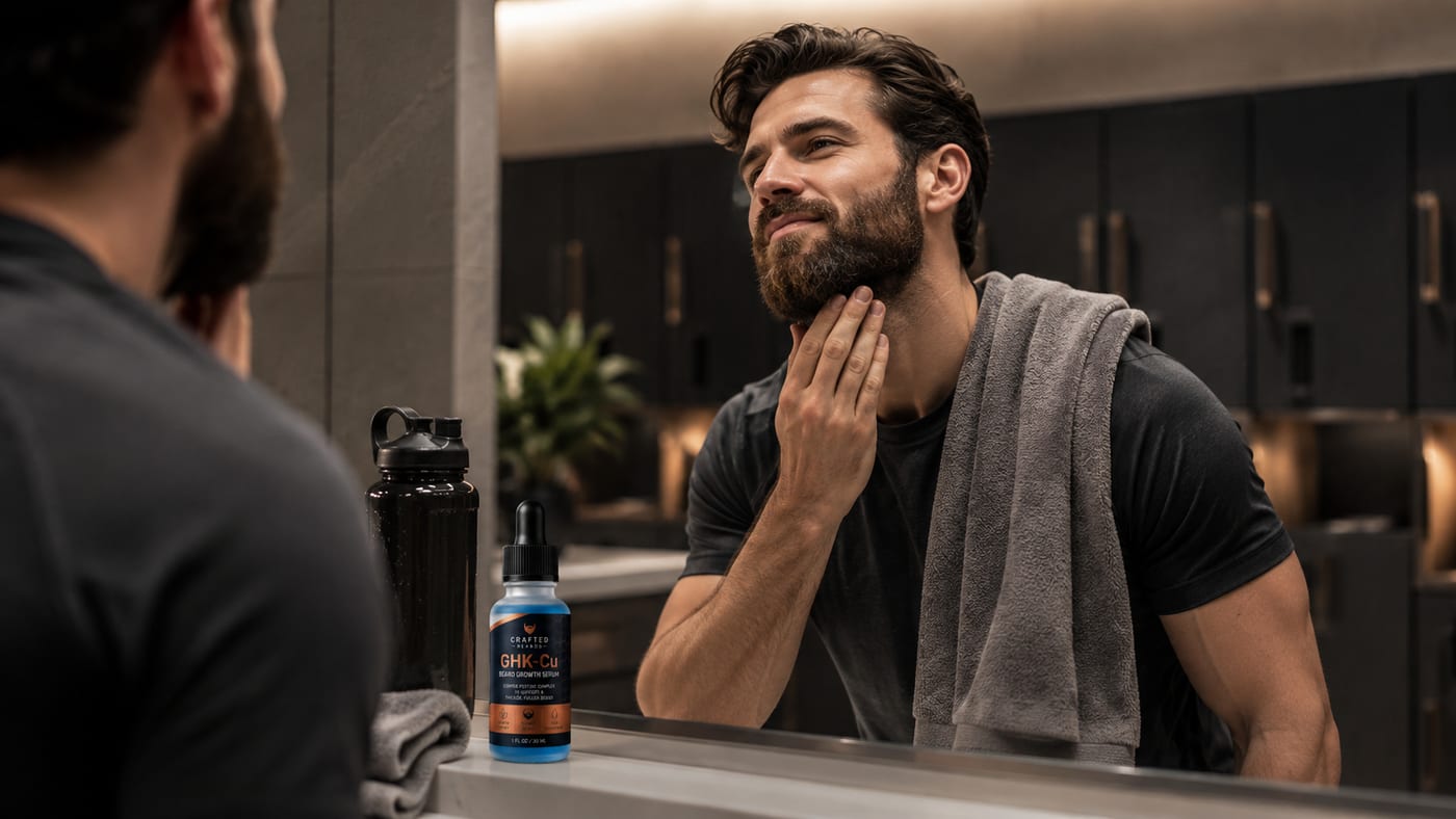 Man checking a full beard in a bathroom mirror during a grooming ritual