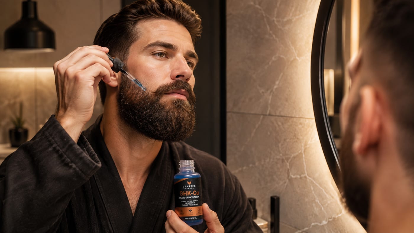 Crafted beard roller and growth kit on a bathroom counter
