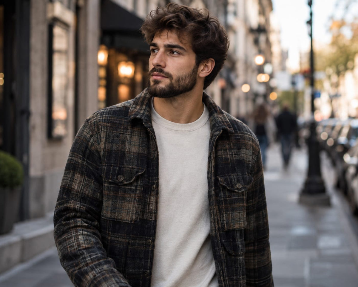 Man with a short full beard in a plaid overshirt walking a city sidewalk at golden hour