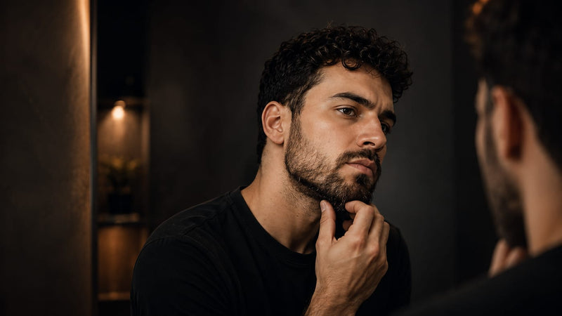 Man warming beard oil in his palms before applying it to facial hair
