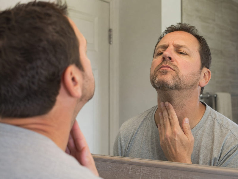 Man checking a short patchy beard along his neck and jaw in a bathroom mirror