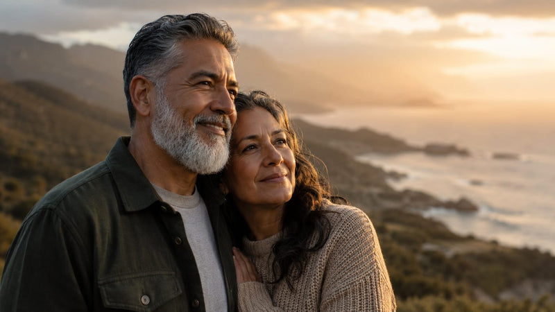 Man with a full grey beard outdoors at sunset