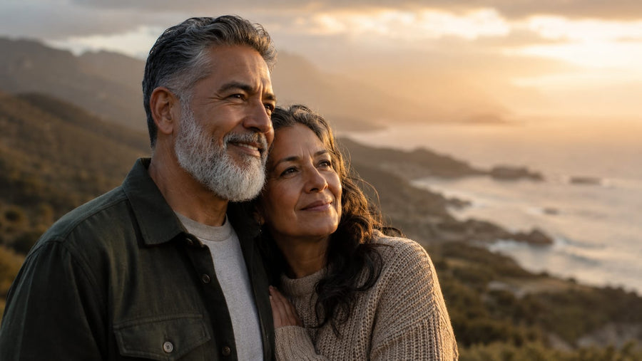 Man with a full grey beard outdoors at sunset