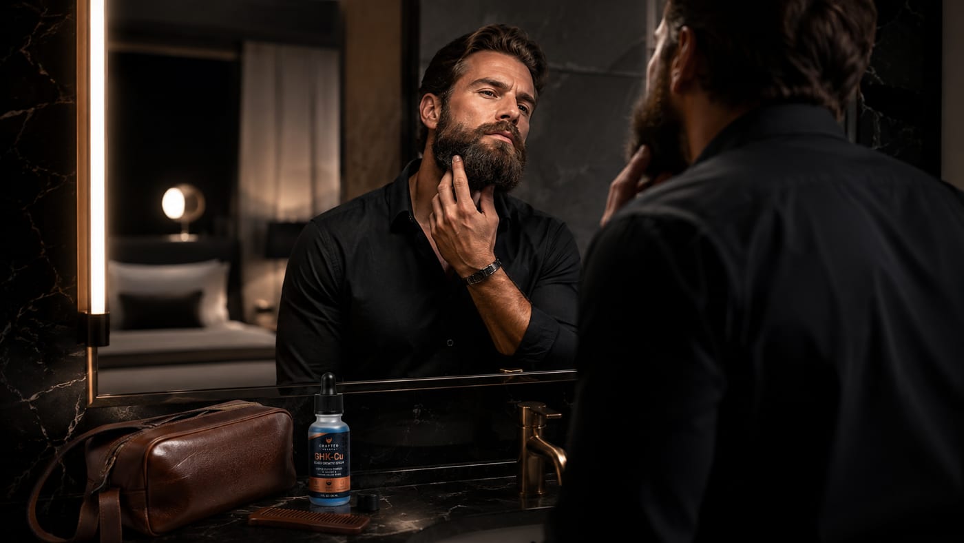 Man checking his beard in a bathroom mirror during a grooming ritual with serum on the counter