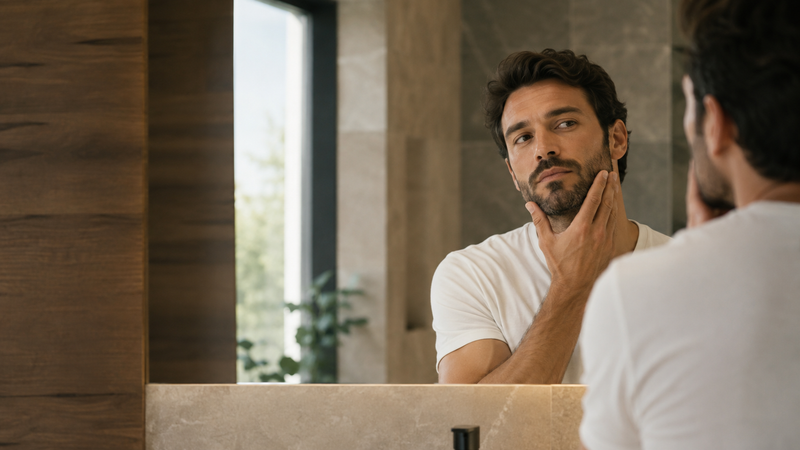 Man checking beard coverage in bathroom mirror before derma roller routine