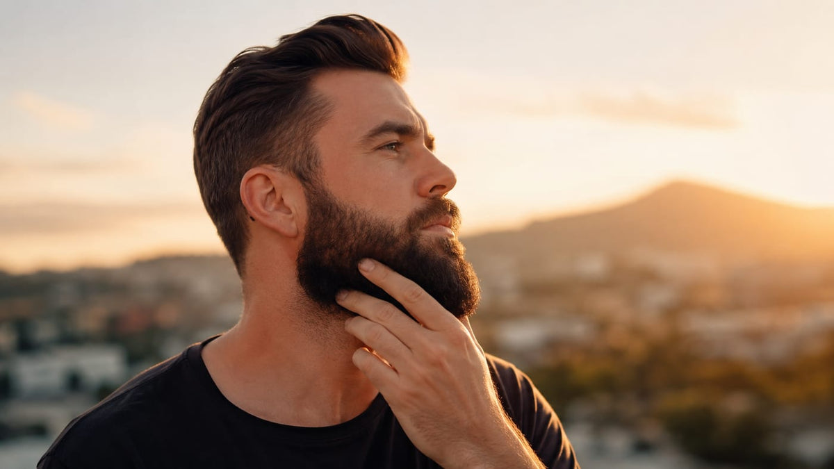 Man with a full beard touching his jaw at sunset