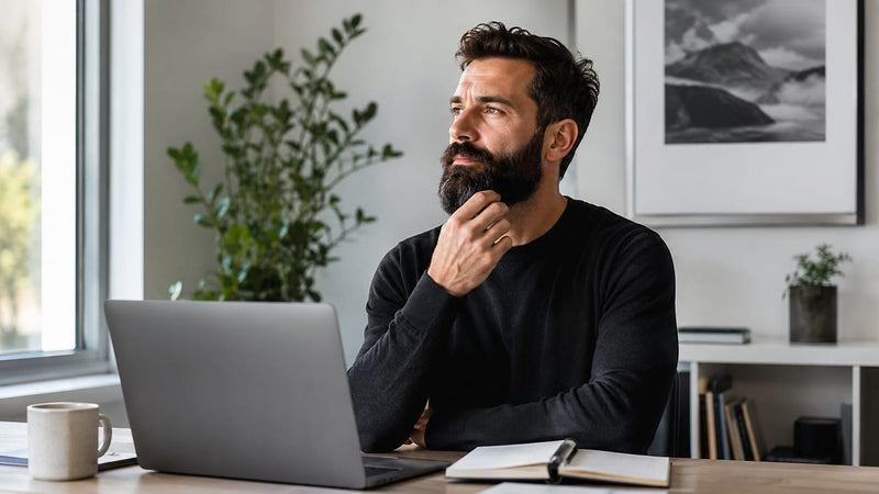 Man with a full beard in soft light before a daily frizz-taming oil routine