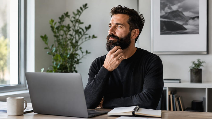 Man with a full beard in soft light before a daily frizz-taming oil routine
