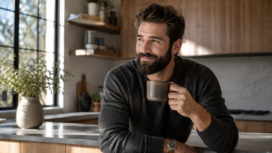 Man with a full beard and mustache in a morning lifestyle setting — oil vs balm featured image