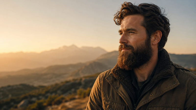 Man with a thick full beard looking across hills at golden hour