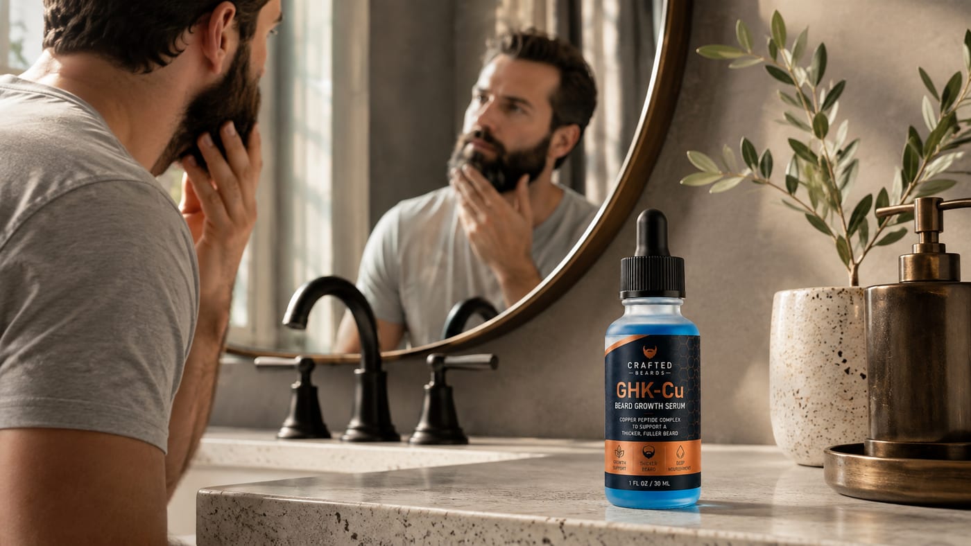 GHK-Cu copper peptide beard serum bottle on a bathroom counter for a nightly application ritual
