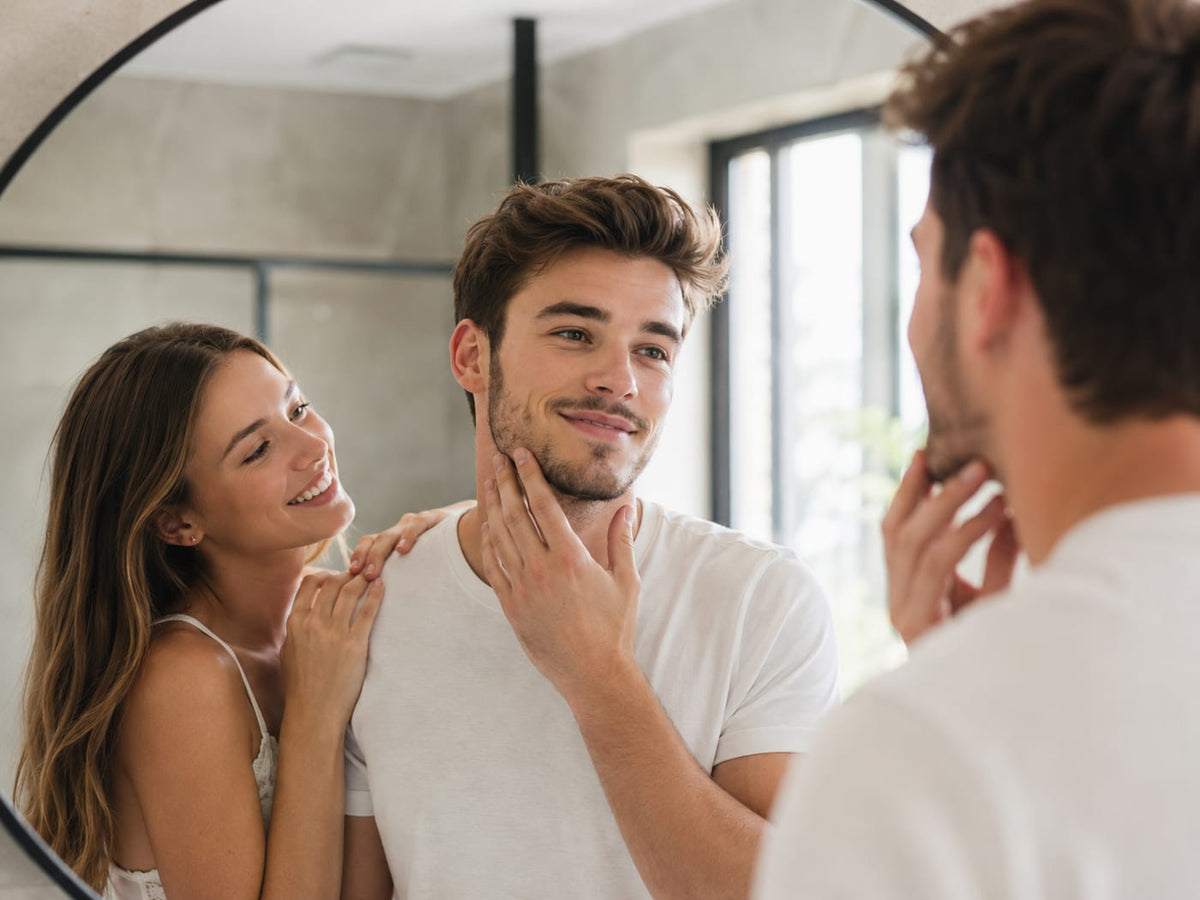 Man with a short beard checking his jawline in a bathroom mirror