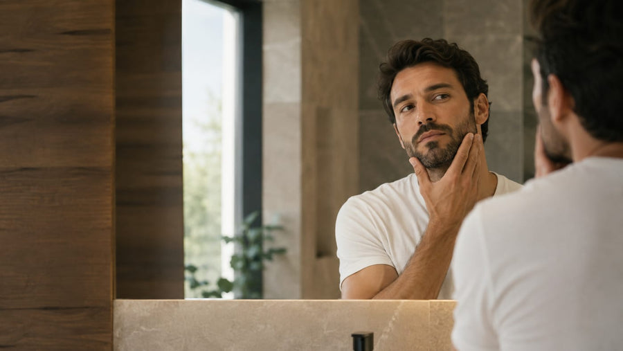 Man checking beard growth in a bathroom mirror while touching his jawline
