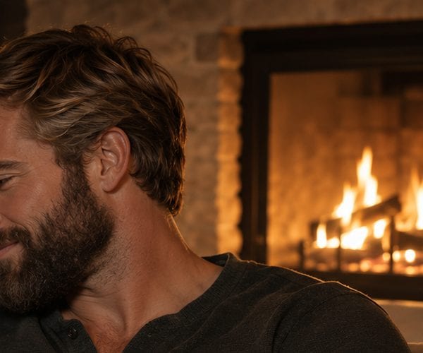 Man with a full beard in profile beside a stone fireplace