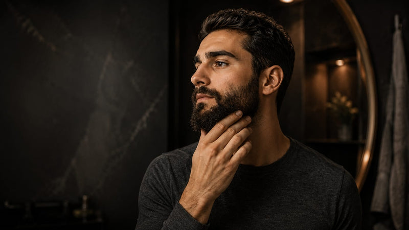 Man touching his chin and beard in a dark bathroom while checking for itch or dryness