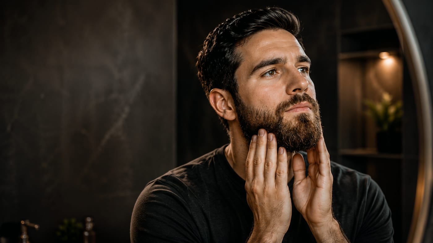 Man checking a groomed beard in a dark bathroom mirror during daily oil care