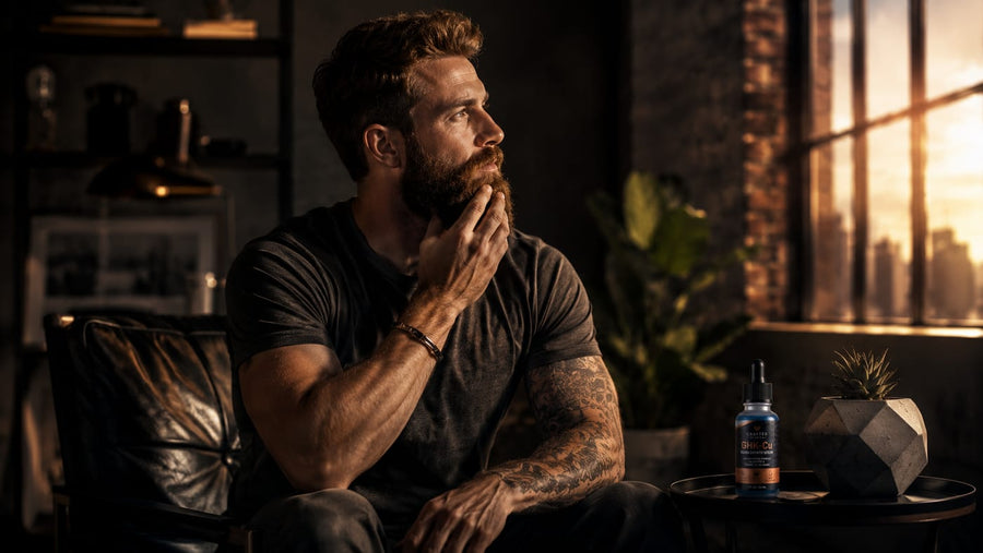 Man with a full groomed beard in a loft at sunset with Crafted GHK-Cu peptide serum on a side table