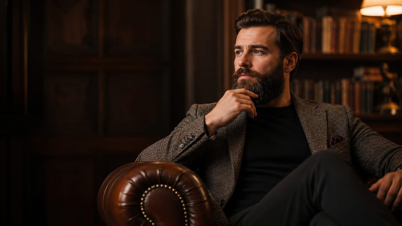 Man with a thick well-groomed beard sitting thoughtfully in a leather chair