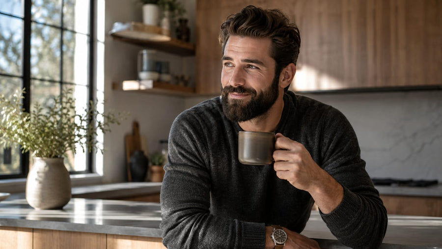 Man with a full groomed beard holding a coffee mug in a bright modern kitchen