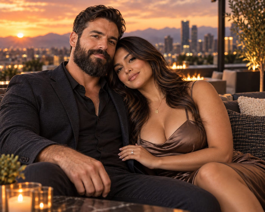 Man with a full dark beard sitting on a rooftop at sunset in a dark blazer