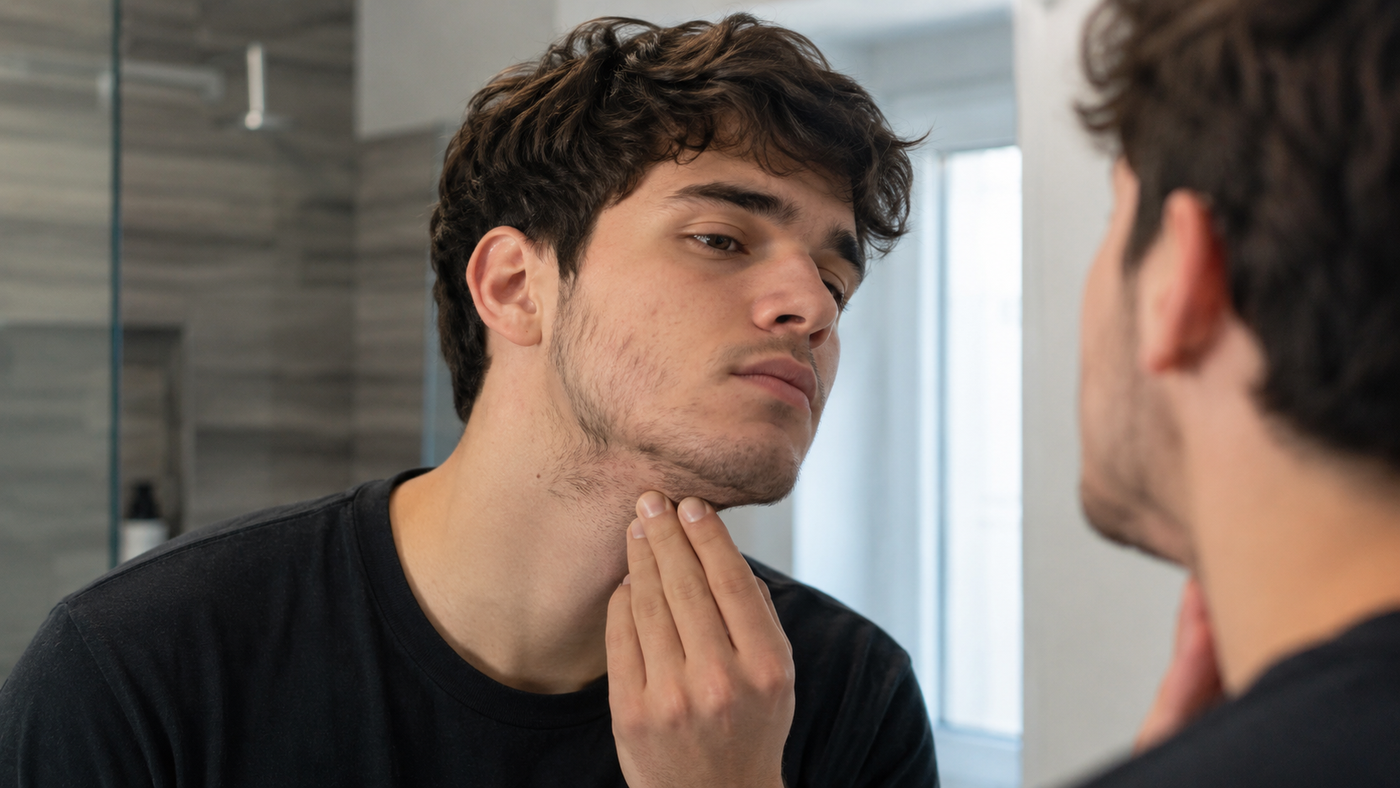 Man with patchy early beard growth examining jawline in bathroom mirror