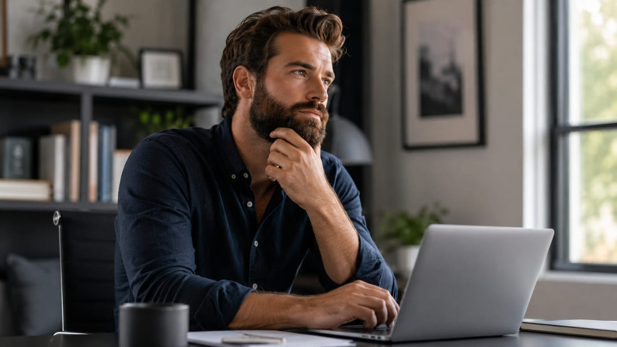 Man with a full beard at a desk, navy shirt, hand on his chin