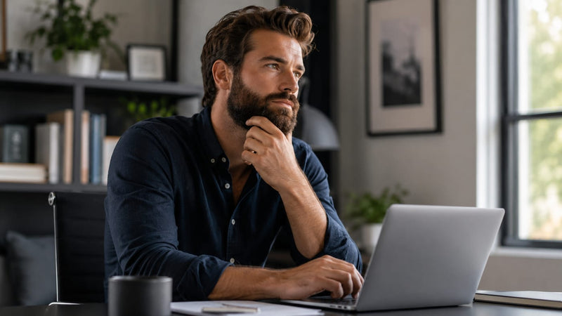 Man with a full beard at a desk, navy shirt, hand on his chin