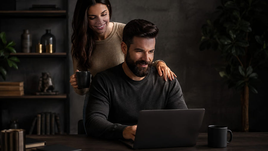 Man with a full dark beard smiling at a laptop during a quiet evening at home