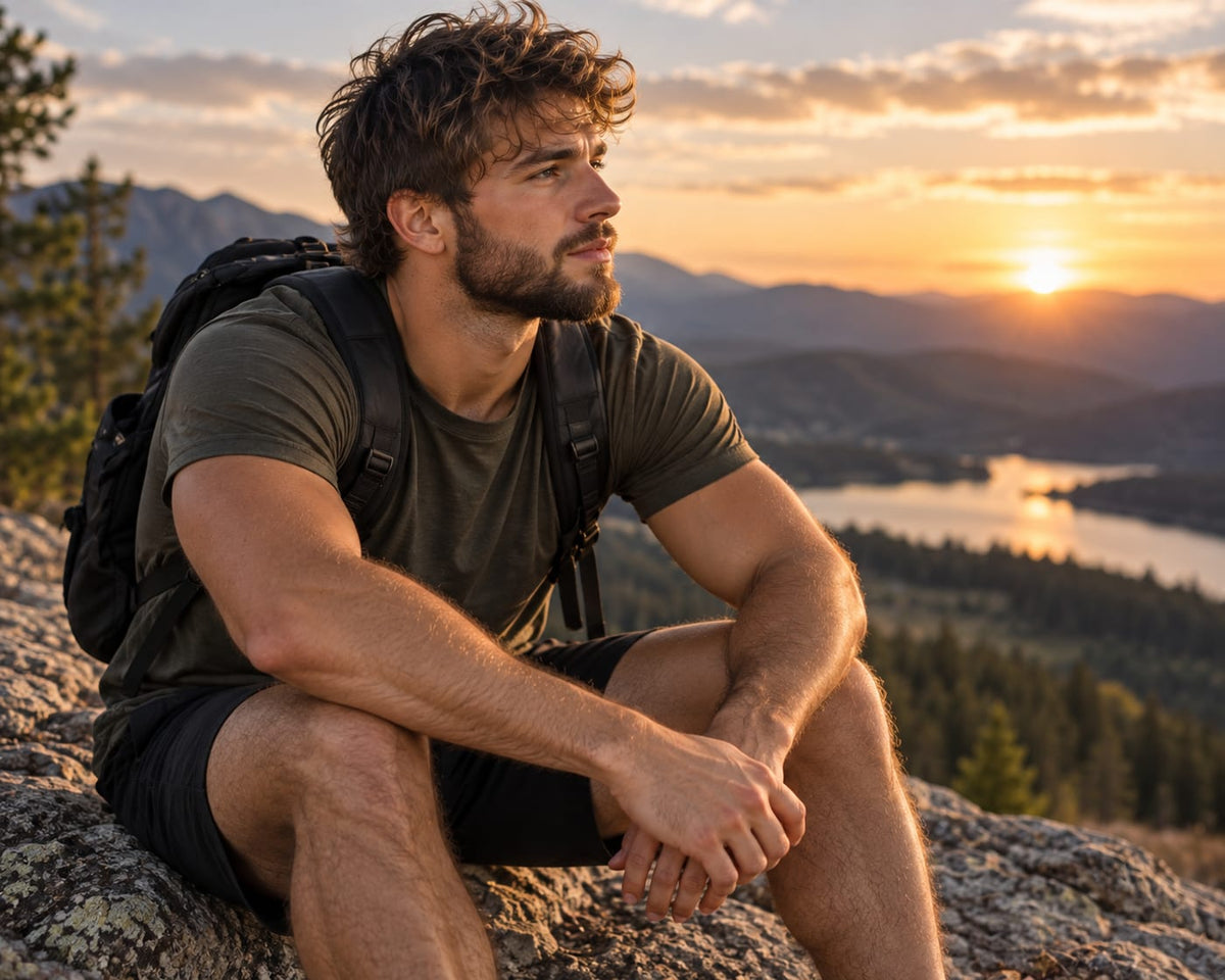 Man with a short beard sitting on a rock at sunset with a lake behind him