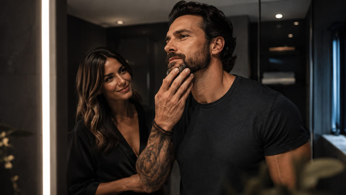 Man with a full dark beard checking his jawline in a dark bathroom mirror