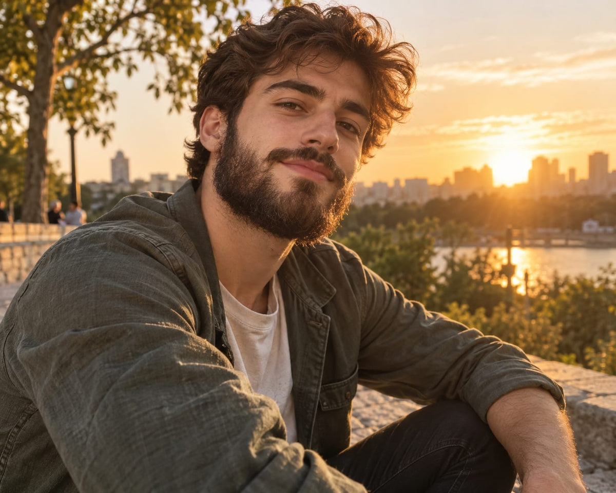 Man with a full groomed beard sitting by the water at golden hour