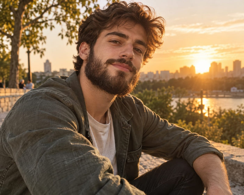 Man with a full groomed beard sitting by the water at golden hour