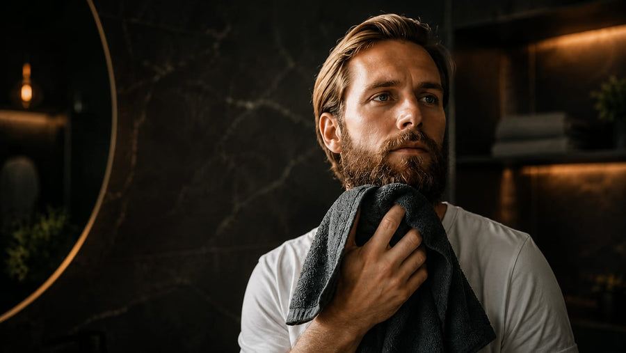 Man with a full groomed beard pressing a towel to his neck after a wash