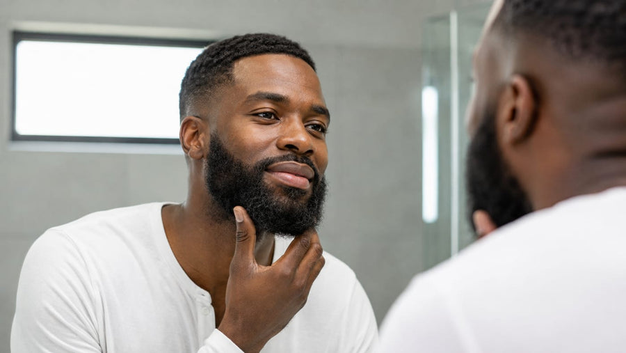 Man with a full beard checking his jawline in a bathroom mirror