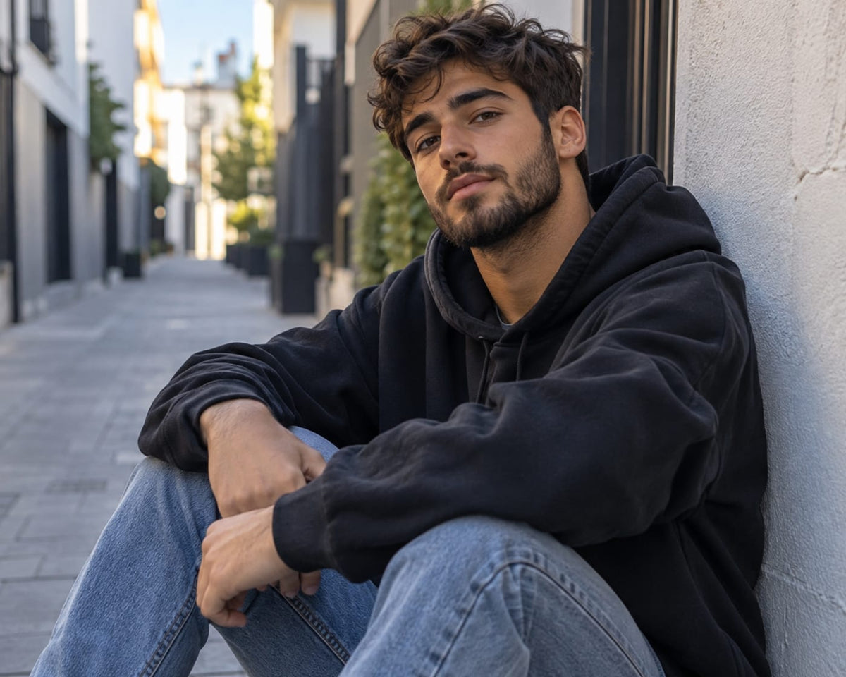 Man with a short beard in a black hoodie sitting in a city alley