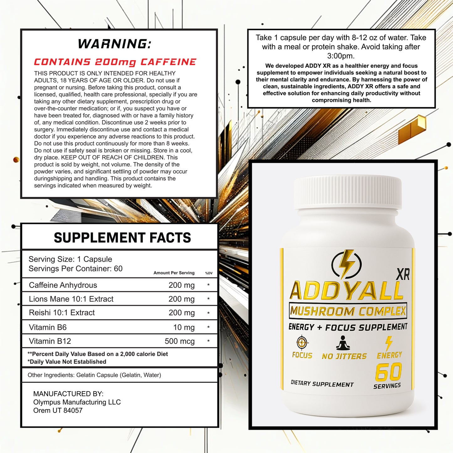 ADDYALL Mushroom Complex Adderall Alternative Focus & Energy Supplement with Vitamins for Energy Management 60-Day Supply for Healthcare Natural Fitness Dietary Edible