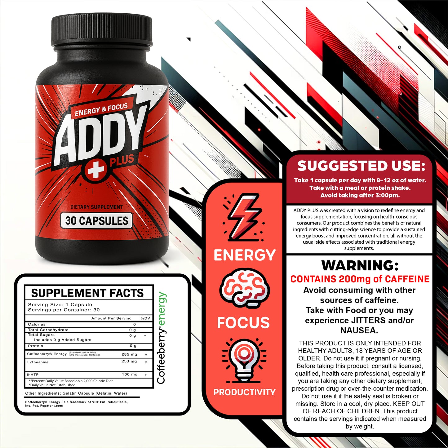 ADDY Plus - Brain Booster - Focus, Energy, and Memory Support Vitamins - Adderall Alternative - Focus & Energy Supplement - Clean Energy - Sharp Focus - Get More Done with Addy Plus - 30 ct Dietary Fitness Natural
