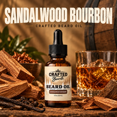 Sandalwood Bourbon Crafted Beards beard oil 1 oz dropper bottle with sandalwood and bourbon