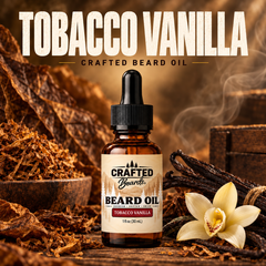 Tobacco Vanilla Crafted Beards beard oil 1 oz dropper bottle with tobacco leaf and vanilla