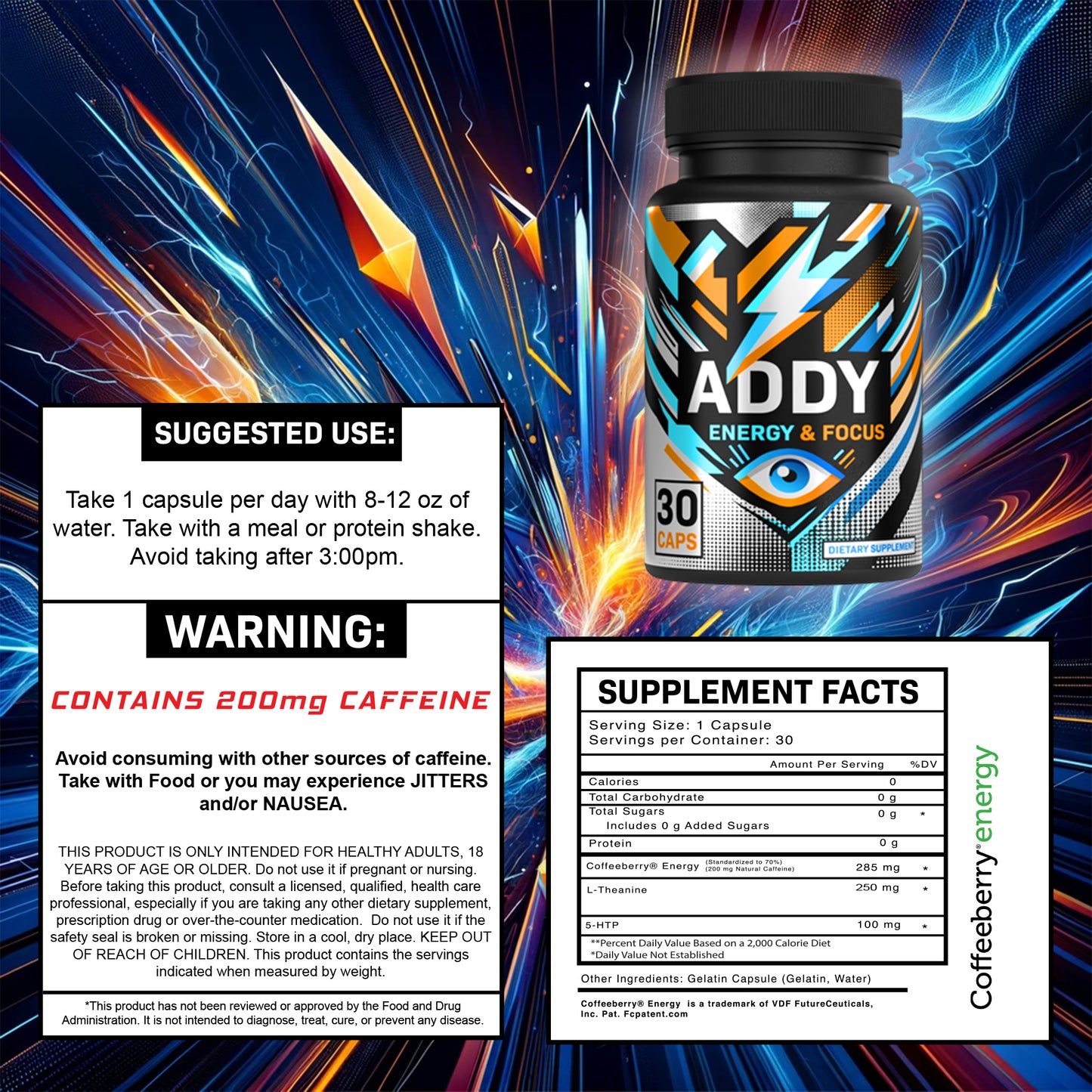 Addy Energy - Focus & Energy Supplement - 30 Caps - Clean Energy - Focus, Increase Productivity - Dietary Supplement for Fitness